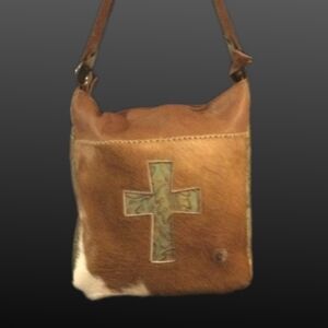 Rustic Western Leather Shoulder Bag with Cross Patch & Fur Accent
